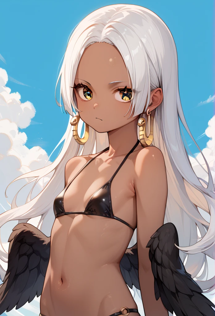 score_9, score_8_up, score_7_up, score_6_up, score_5_up, score_4_up, source_anime, aasnake, long hair, white hair, dark skin, earrings, yellow eyes, symbol-shaped pupils, black wings, small breasts. bikini 