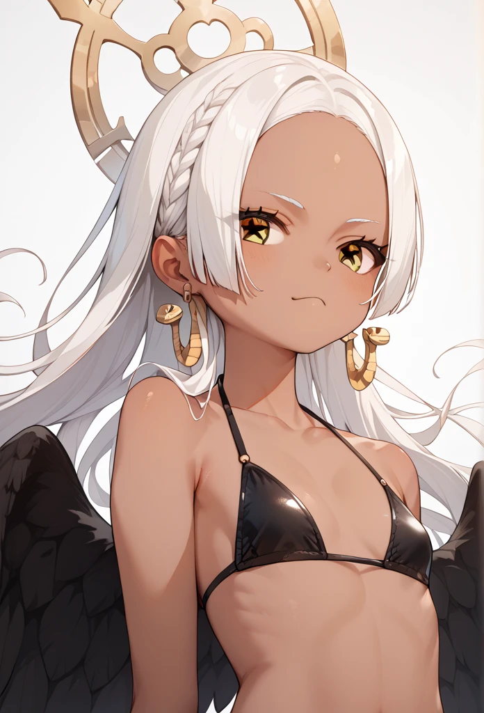 score_9, score_8_up, score_7_up, score_6_up, score_5_up, score_4_up, source_anime, aasnake, long hair, white hair, dark skin, earrings, yellow eyes, symbol-shaped pupils, black wings, small breasts. bikini 