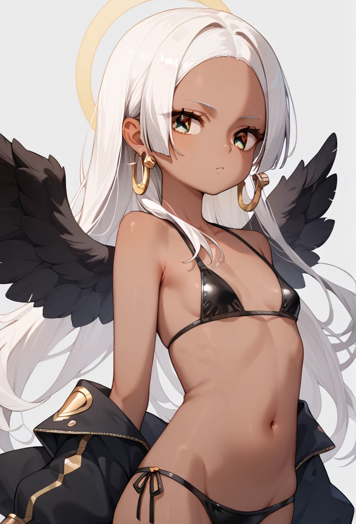 score_9, score_8_up, score_7_up, score_6_up, score_5_up, score_4_up, source_anime, aasnake, long hair, white hair, dark skin, earrings, yellow eyes, symbol-shaped pupils, black wings, small breasts. bikini 