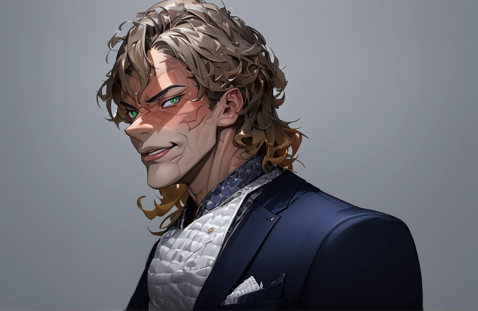 charlzcjm, headshot, (jacked charlzcjm, bright hazel green eyes), (low fade haircut:1.14), (sunburned skin, 5 o'clock shadow) ((smirking, buff)), detailed face, detailed iris, full lips, ((cute, wearing a modern luxury dark navy blue suit, pocket handkerchief, buff, wavy low fade haircut)), ((grey background, symmetrical facial features)), intricate details, studio lighting, 80mm, portrait, shallow depth of field, CEO, smirking, happy