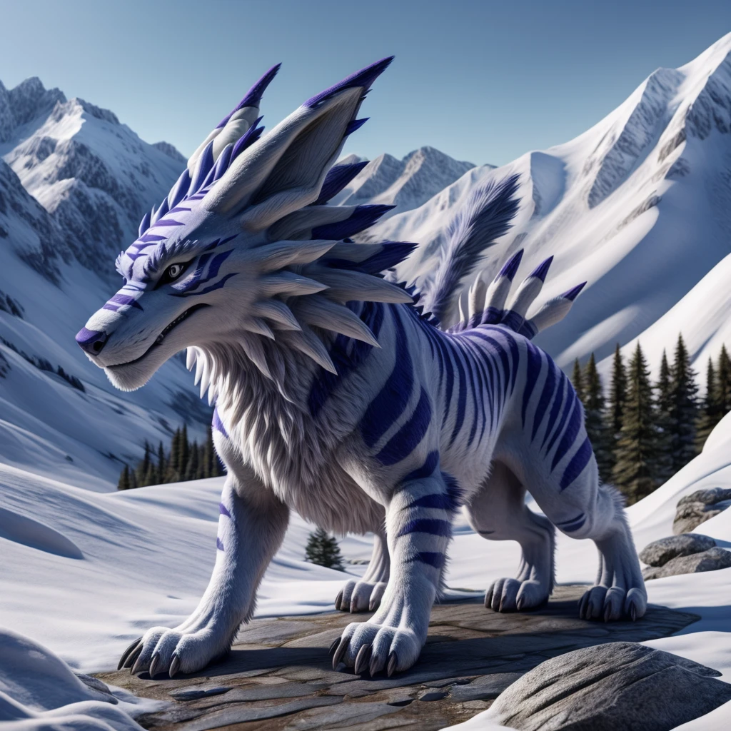 (Full body:1.2), Garurumon, quadruped, furry, very detailed fur, in the mountains, Highest quality, photorealistic, very detailed, very detailed background