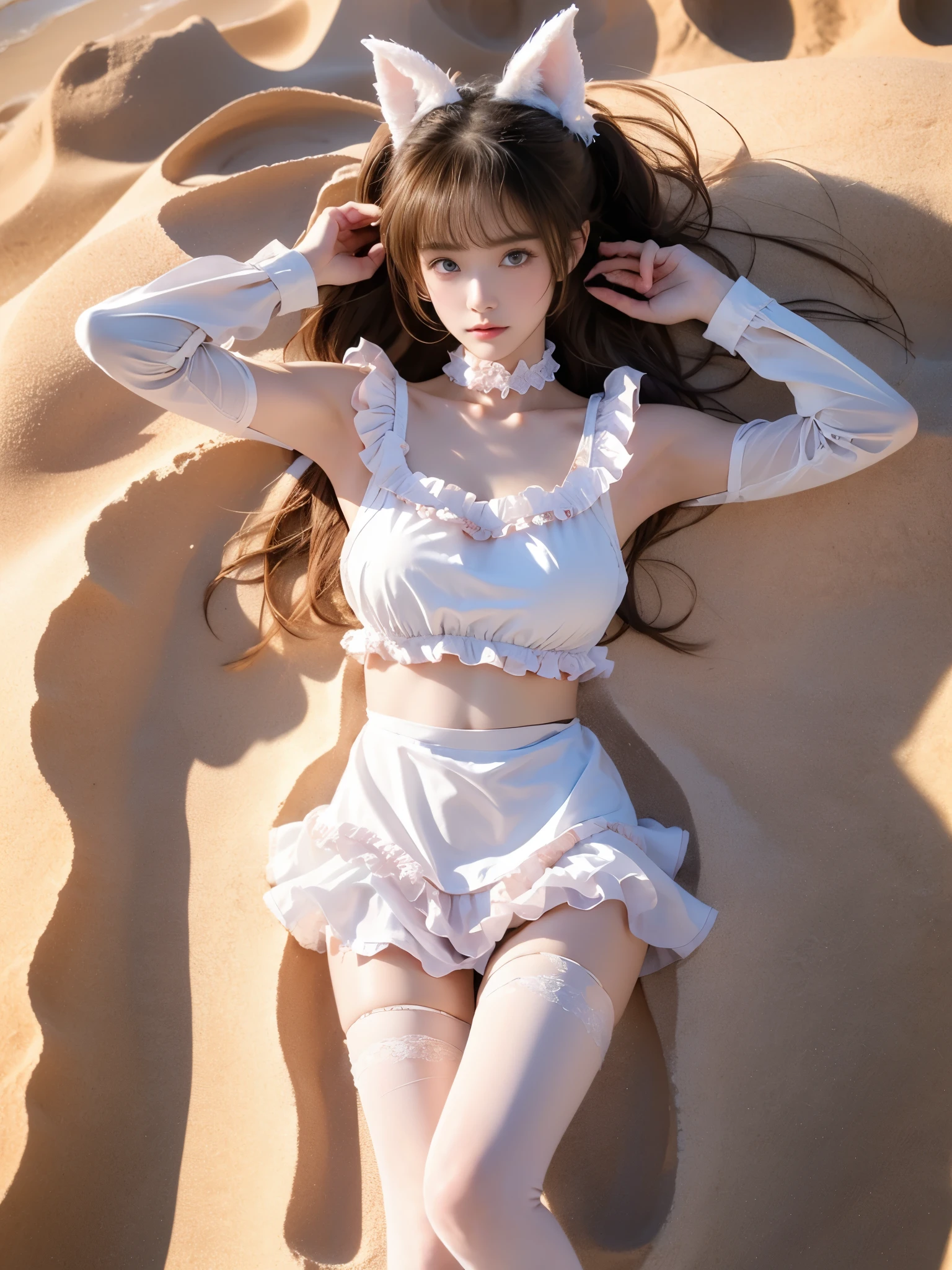 dress,animal ears,thighhighs,twintails,apron,cosplay,frilled choker, (photorealistic:1.2), professional photography of a beautiful female model lying on sandy beach, (shot from directly above:1.3), birds eye view, full body shot, long slender legs fully visible, perfect leg anatomy, (foreshortening:1.1), smooth skin texture, (body making impression in sand:1.1), surrounding beach sand, ocean waves in background, soft natural sunlight, clear shadows on sand, high resolution, sharp focus on entire body, 8k uhd, detailed skin texture,  professional fashion photography, (sand texture:1.1), relaxed natural pose, symmetrical composition, fashion magazine quality