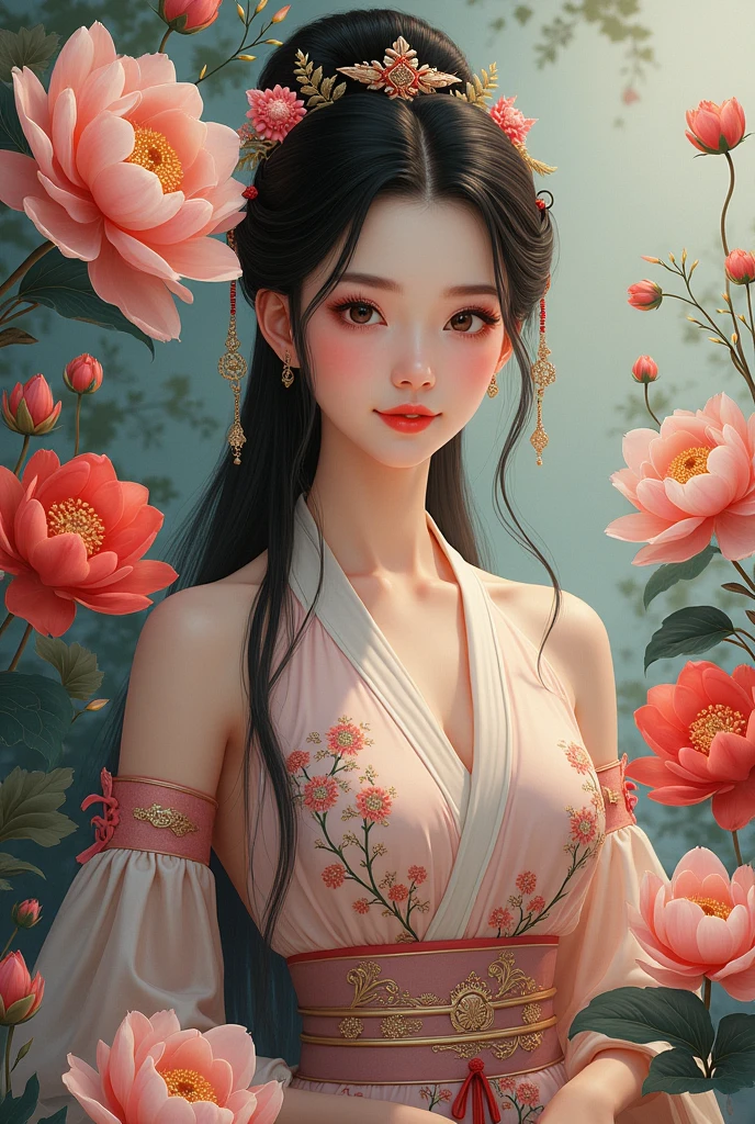 best quality,masterpiece,Ultra-high resolution,(photoactual:1.4),,Sky full of water lilies(background),20 years old ,water lily goddess(Japanese Girls),Long hair with a shawl,cute eyes,Sexy body,Big breasts,Wearing a water lily strapless dress,Lying in a sea of water lilies,The mouth smiles,Thinking,