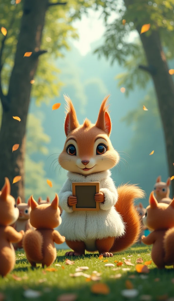 A cute squirrel teacher wearing a fluffy white outfit stands in a magical forest. Around her, many squirrel students gather, engaged in learning. The scene combines realistic details with an anime style, creating a whimsical and enchanting atmosphere.