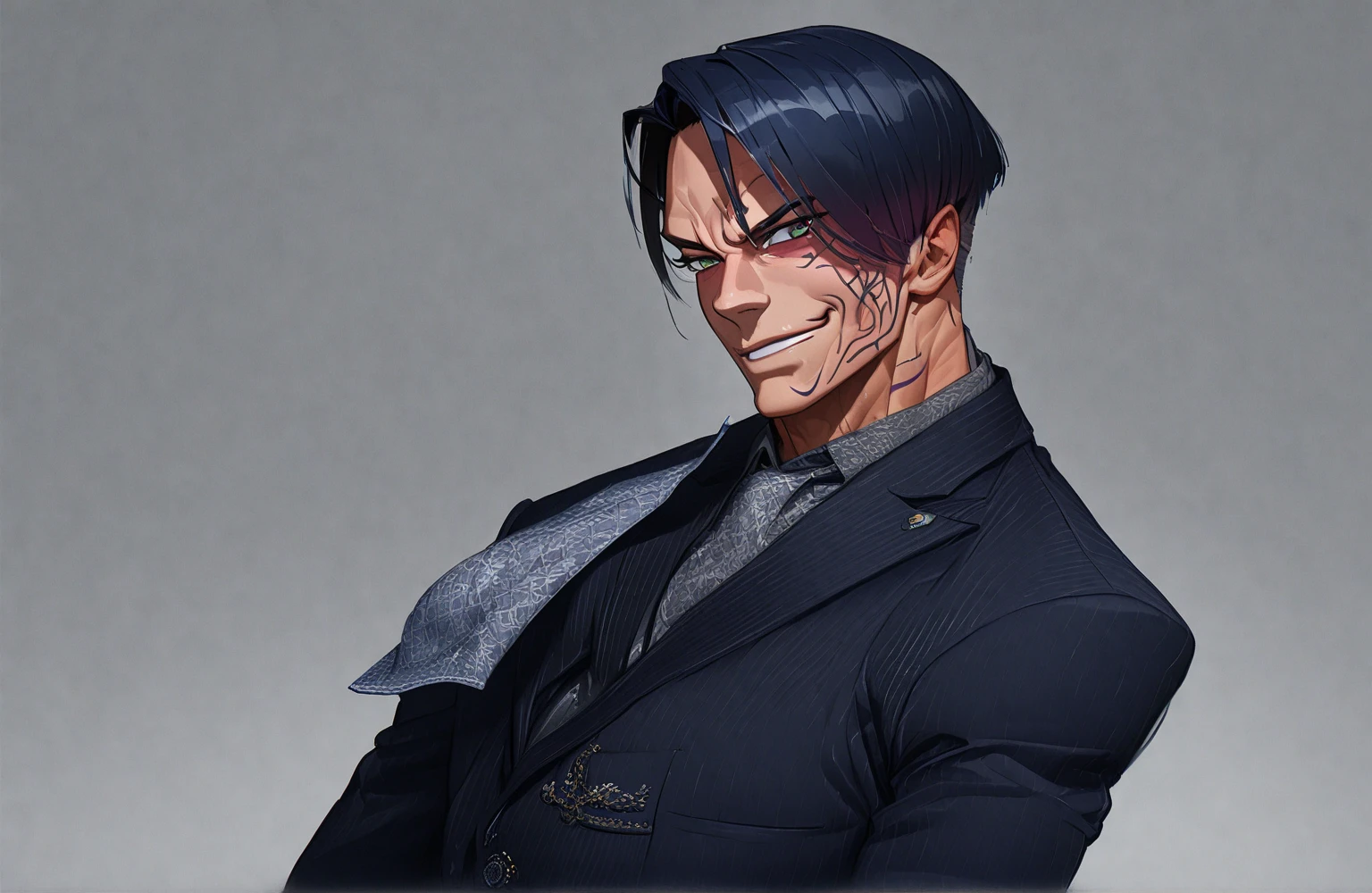 charlzcjm, headshot, (jacked charlzcjm, bright hazel green eyes), (low fade haircut:1.14), (sunburned skin, 5 o'clock shadow) ((smirking, buff)), detailed face, detailed iris, full lips, ((cute, wearing a modern luxury dark navy blue suit, pocket handkerchief, buff, low fade haircut)), ((grey background, symmetrical facial features)), intricate details, studio lighting, 80mm, portrait, shallow depth of field, CEO, smirking, happy