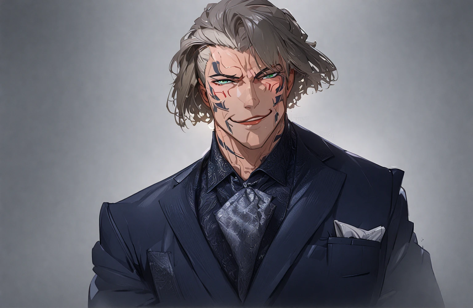 charlzcjm, headshot, (jacked charlzcjm, bright hazel green eyes), (low fade haircut:1.14), (sunburned skin, 5 o'clock shadow) ((smirking, buff)), detailed face, detailed iris, full lips, ((cute, wearing a modern luxury dark navy blue suit, pocket handkerchief, buff, low fade haircut)), ((grey background, symmetrical facial features)), intricate details, studio lighting, 80mm, portrait, shallow depth of field, CEO, smirking, happy