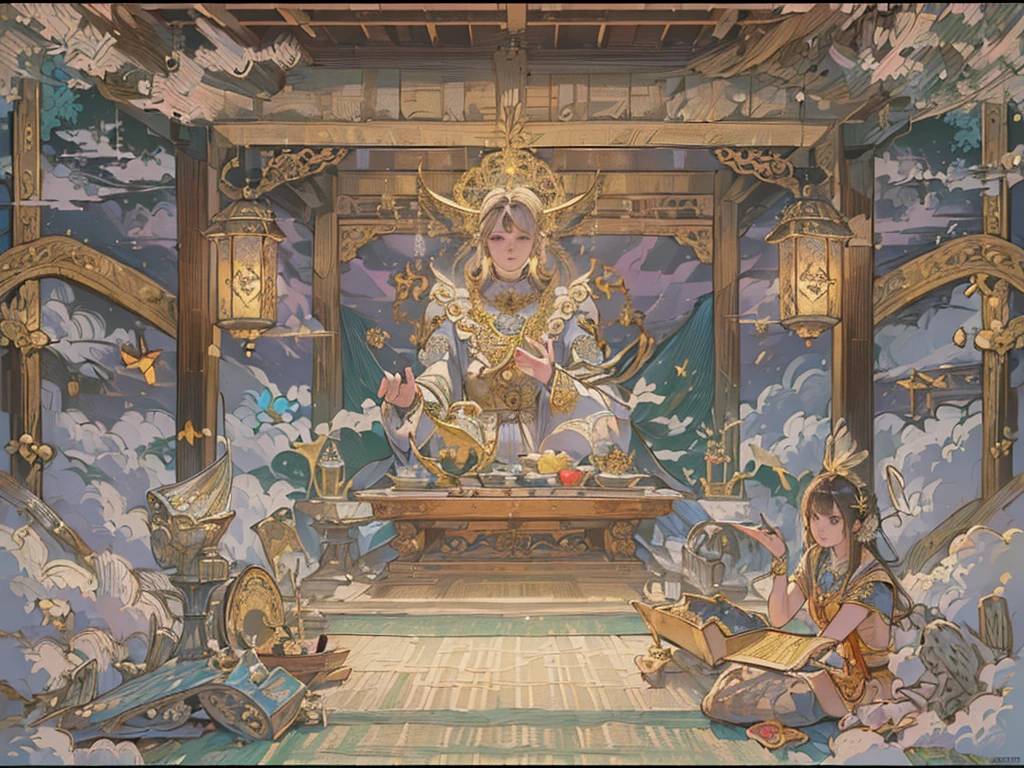 ((masterpiece, highest quality, 4k, 8k, 32K, masterpiece:1.2, super detailed, intricate details, highly detailed face, correct anatomy)),
((halftone, front lighting, vivid color)),
(man, magic lamp fairy, cloud-like person),
(inside temple, on tatami mat)