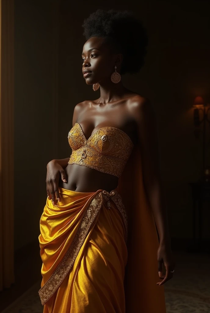 A captivating image of a black Nubian woman in cultural attire, exuding sensuality as she leans seductively against a marble wall. Dressed in garments that speak of her rich heritage, she poses confidently in the dimly lit scene. The mood is set with a diagonal orange light, casting long shadows and highlighting only the areas where the light touches her. The contrast between the darkness and the orange light creates a stunning black and orange color grading. This cinematic scene, reminiscent of the artgerm style, is rendered in ultra high definition with a resolution of 32k, using the Unreal Engine for hyper-realistic image production.