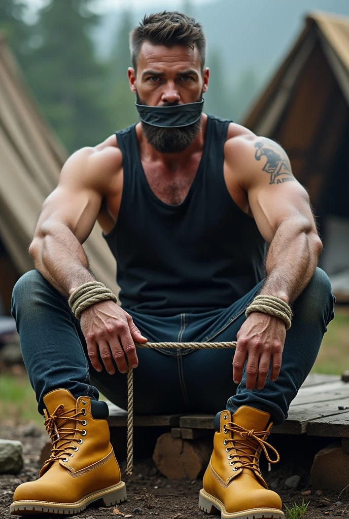 Louis Hofmann, (((19 year old, skinny, lean))), smile (((wearing gym shorts))) biceps flexed, kneeling, ((((Trussed up completely with rope)))), ((((very tight rope crossed over chest)))),(((body in tight shibari ropes))) sweating, wet skin, in a dungeon with candles and a fireplace