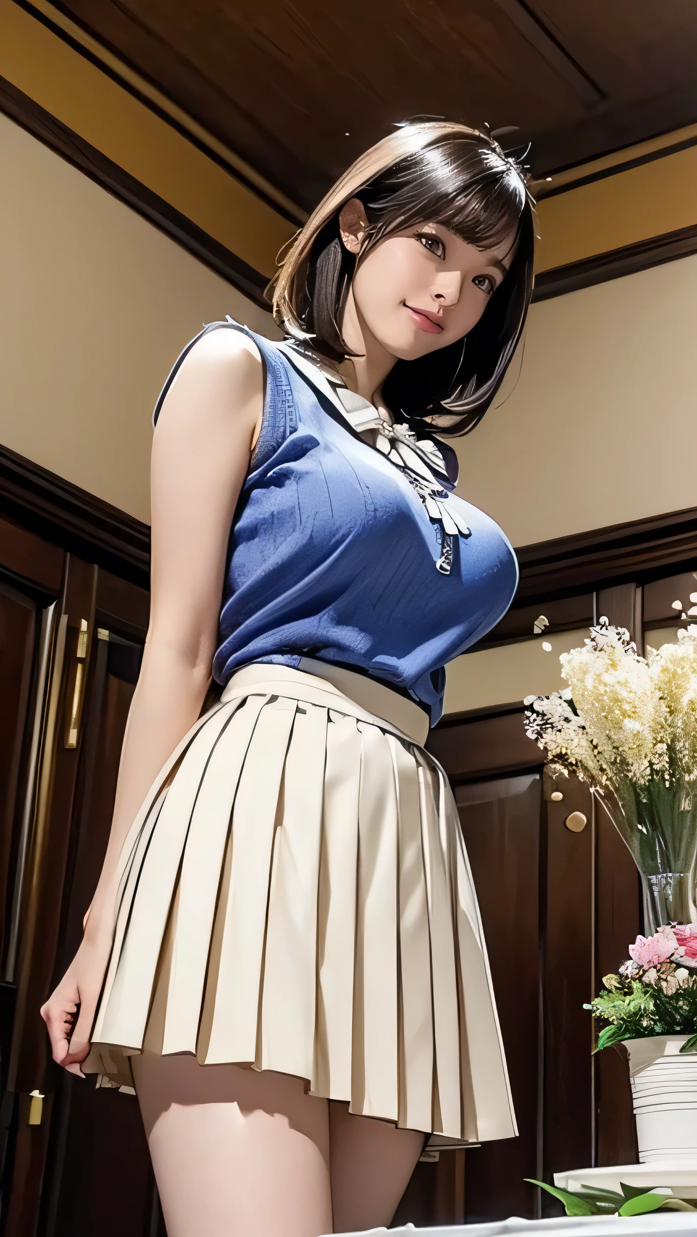 muste piece, best quality, illustration, Super detailed, fine details, High resolution, 8K,wall paper, perfect dynamic composition,(Details High quality, realistic depiction of eyes:1.3), short bob hair, (Naked, Navy pleated skirt), large breasts, black hair color, Big Natural Color Lip, bold sexy pose, crying a little、 Harajuku style、20 year old girl、cute type、lolita、beautiful legs, hotel room, full body photo、focus on crotch, hposing Gravure Idol