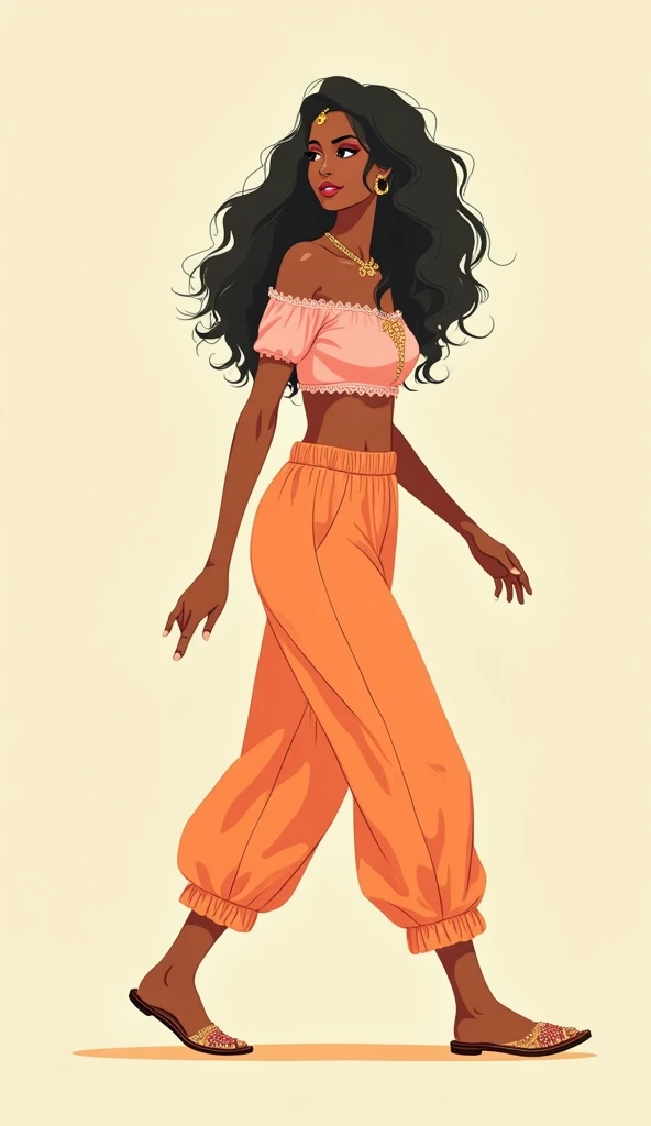 Tall Cool Woman,solo,Long Hair, whole body,Standing pose, Belly Dance Top,Long and Wide Harem Pants,barefoot,anime