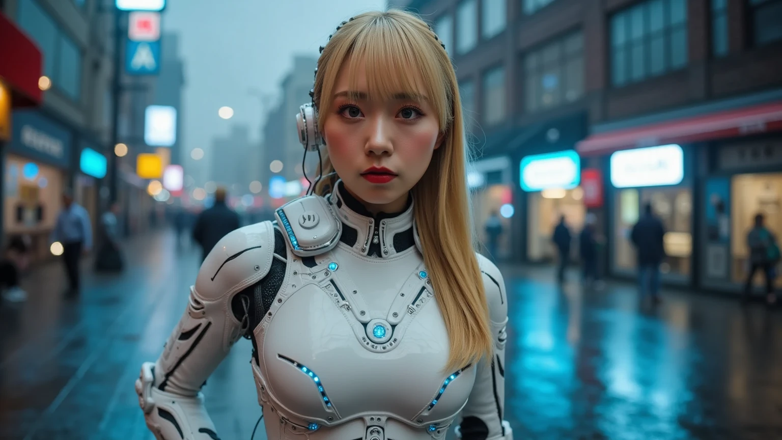 Woman covered in complex white cybernetics, Blue LED light, Combat Uniform,  clevis, high tech,  ultra high def , 32K, ( bikini cyborg robot parts), (  Details:1.4),  cyberpunk city background , Rainy Street,  beautiful face,  long golden hair,   Professional Lighting ,   Masterpiece  ,  very delicate and beautiful,  professional photos