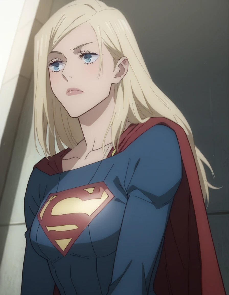 score_9, score_8_up, score_7_up, sauce_anime, ambient light,
jujutsu_kaisen_style, supergirl from legion of superheroes,, 1girl ,tall girl,, blond hair, long hair, blue eyes, clothing colors as red, yellow and blue that has a S logo attached at the middle of her chest. Mini red skirt, beautiful face, long eyelashes