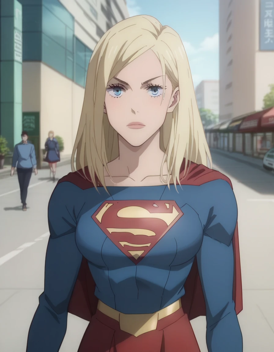 score_9, score_8_up, score_7_up, sauce_anime, ambient light,
jujutsu_kaisen_style, supergirl from legion of superheroes,, 1girl ,tall girl,, blond hair, long hair, blue eyes, clothing colors as red, yellow and blue that has a S logo attached at the middle of her chest. Mini red skirt, beautiful face, long eyelashes