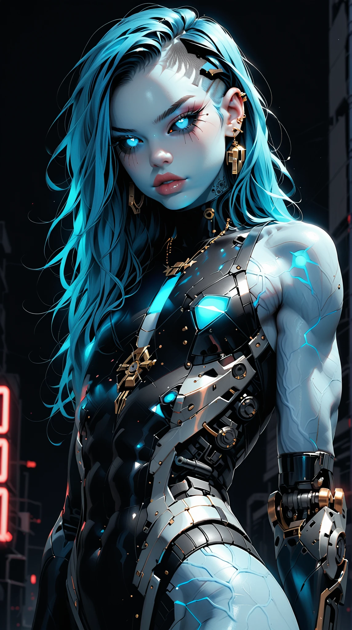 (nsfw:1), (Uncensored:1), score_9, score_8_up, score_7_up, (three quarters Shot), (1 girl), (asian), beautiful teenage (skinny) muscular goth cyborg girl, (full Cybernetic bodysuit:1.5), (black sclera:1.5), (blue glowing eyes:1.5), (blue glowing body veins:1.5), (flat chest:1.25), (blue glowing hair:1.25), (beautiful face:1.25), (bodybuilder femboy physique:1.25), (skinny long legs:0.75), (intricate gold filigree:1.25), bimbo lips, cowboy shot, cybernetic, mechanoid body parts, exposed cables and circuits, neon lights, gothic neon style, cyber punk style, super realistic image, beautiful digital paint , hyper Realistic illustrations, ImgFixerPre0.3