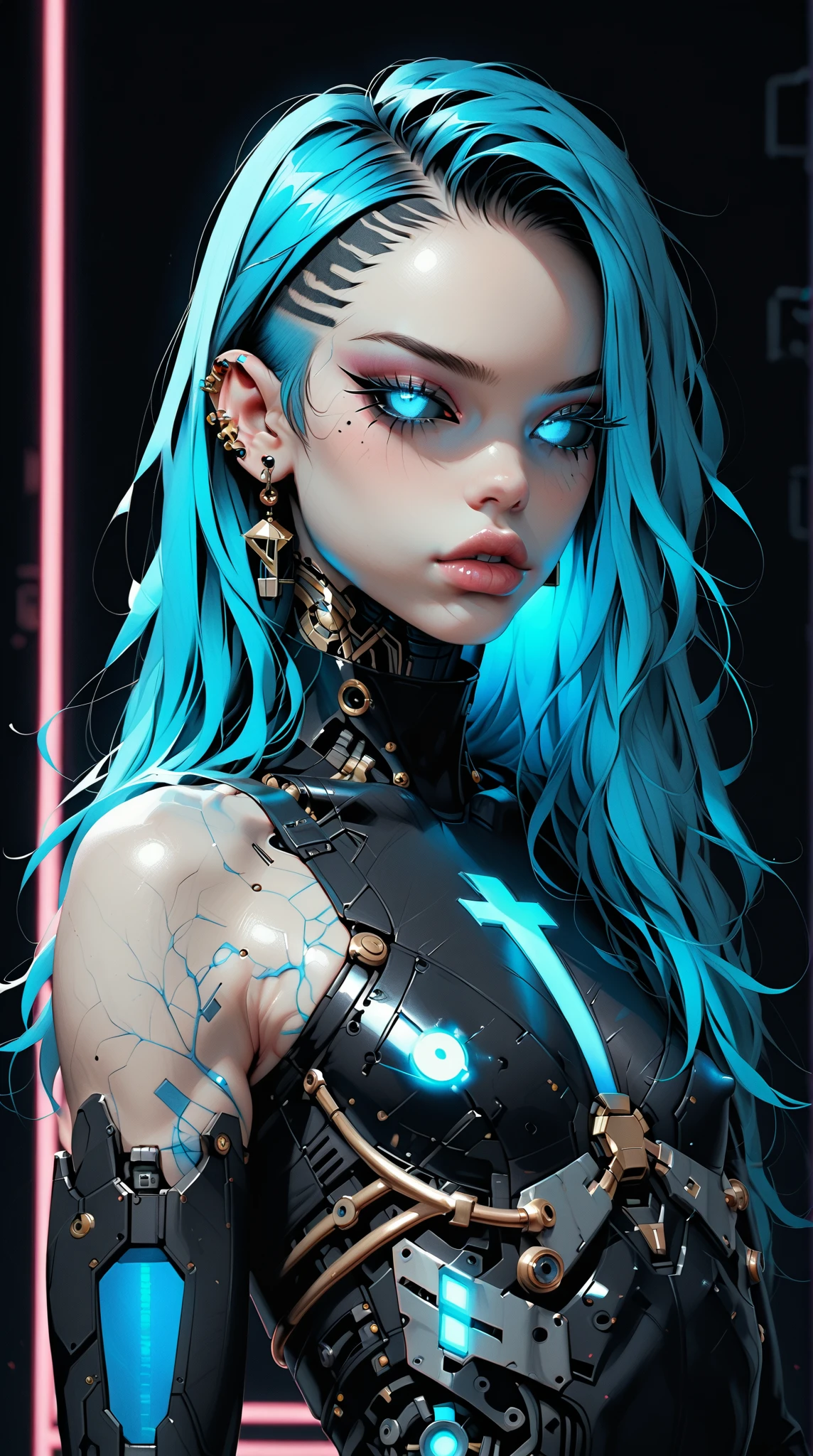 (nsfw:1), (Uncensored:1), score_9, score_8_up, score_7_up, (three quarters Shot), (1 girl), (asian), beautiful teenage (skinny) muscular goth cyborg girl, (full Cybernetic bodysuit:1.5), (black sclera:1.5), (blue glowing eyes:1.5), (blue glowing body veins:1.5), (flat chest:1.25), (blue glowing hair:1.25), (beautiful face:1.25), (bodybuilder femboy physique:1.25), (skinny long legs:0.75), (intricate gold filigree:1.25), bimbo lips, cowboy shot, cybernetic, mechanoid body parts, exposed cables and circuits, neon lights, gothic neon style, cyber punk style, super realistic image, beautiful digital paint , hyper Realistic illustrations, ImgFixerPre0.3