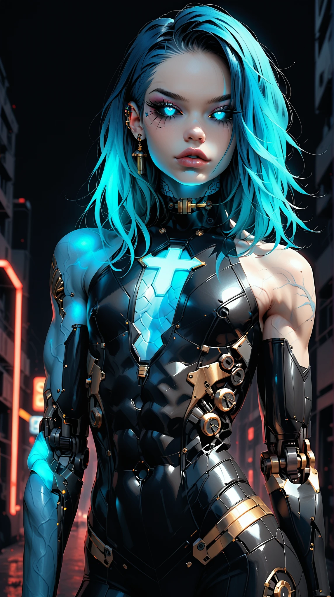 (nsfw:1), (Uncensored:1), score_9, score_8_up, score_7_up, (three quarters Shot), (1 girl), (asian), beautiful teenage (skinny) muscular goth cyborg girl, (full Cybernetic bodysuit:1.5), (black sclera:1.5), (blue glowing eyes:1.5), (blue glowing body veins:1.5), (flat chest:1.25), (blue glowing hair:1.25), (beautiful face:1.25), (bodybuilder femboy physique:1.25), (skinny long legs:0.75), (intricate gold filigree:1.25), bimbo lips, cowboy shot, cybernetic, mechanoid body parts, exposed cables and circuits, neon lights, gothic neon style, cyber punk style, super realistic image, beautiful digital paint , hyper Realistic illustrations, ImgFixerPre0.3