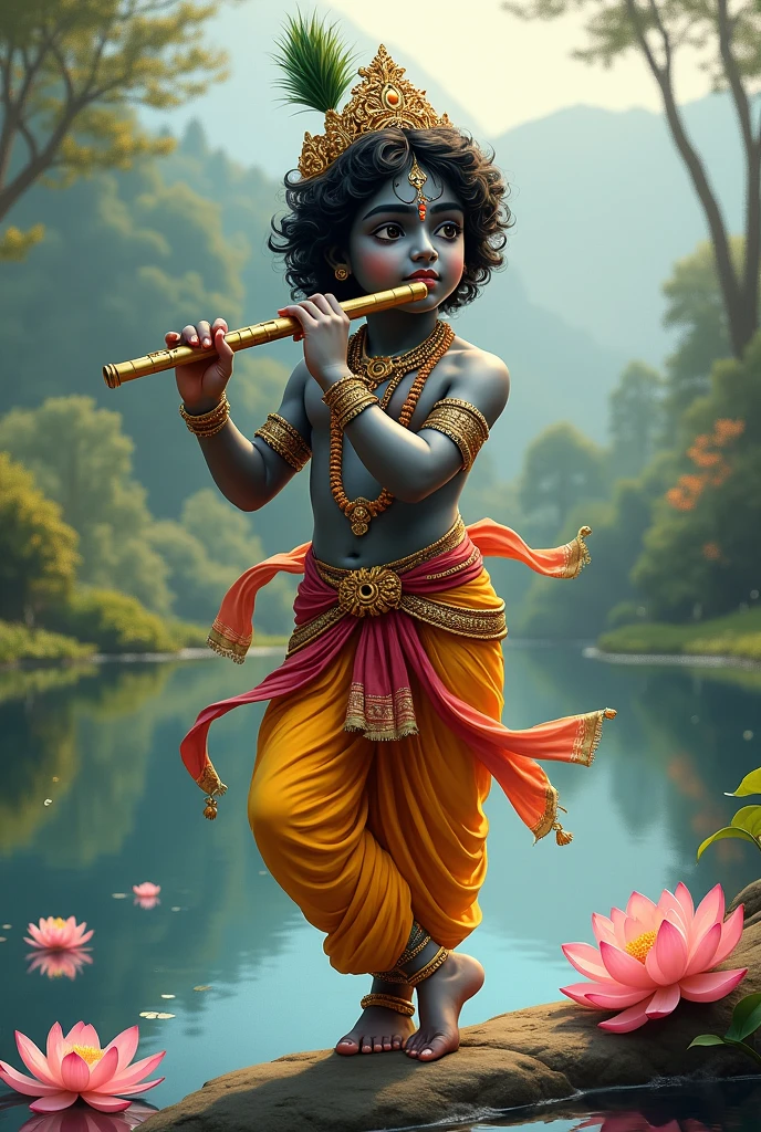 Shree krishna having a peacock feather on the head and playing his wooden flute under a tree in his childhood