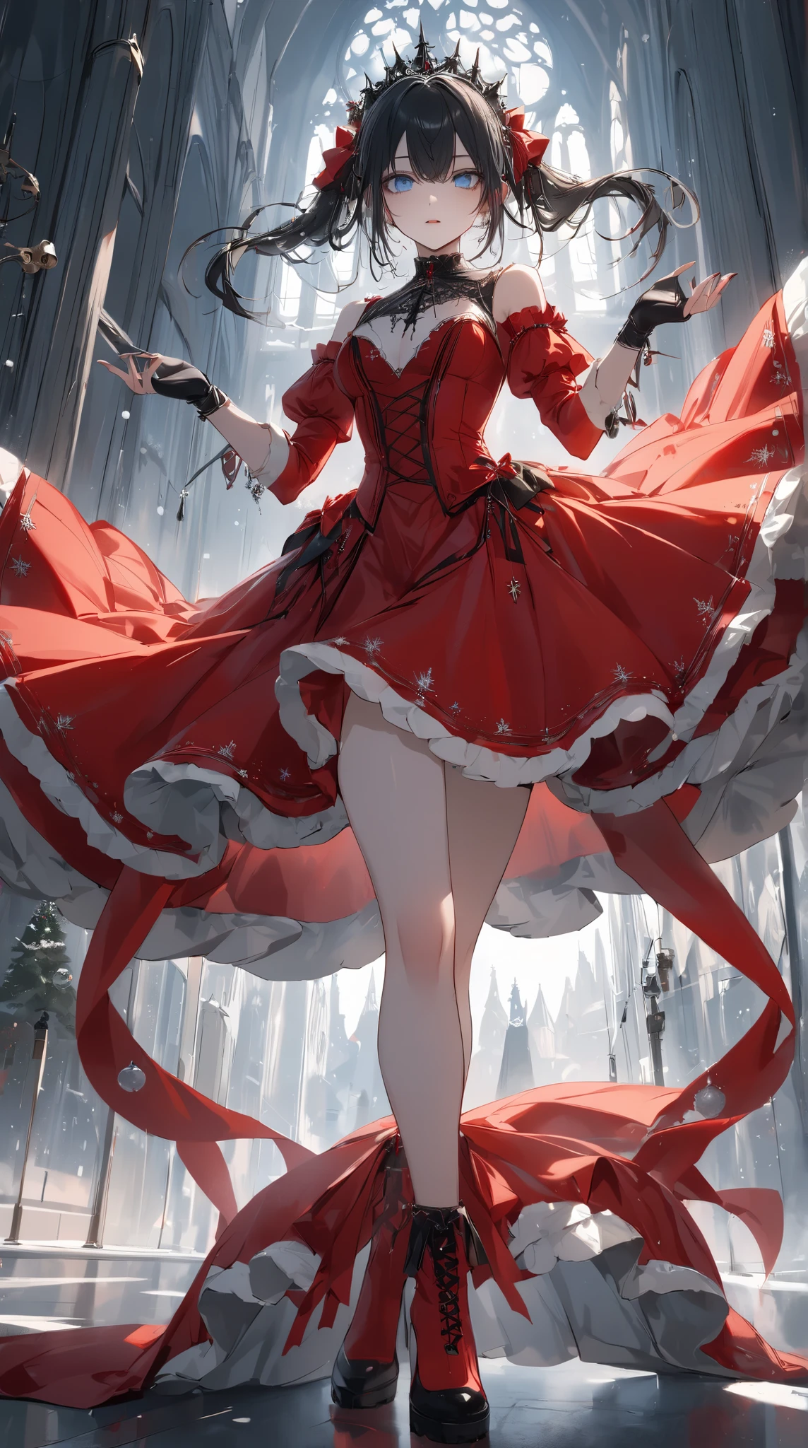 {{{Christmas outfit:1.8}}},｛{{dancing woman in red dress}}}、 red christmas costume ，,{{masterpiece}}, {{{best quality}}},{{ultra-detailed}}, 、Divine aura from a woman's body、goth,Gothic, boots,Fingerless gloves、Slim Beautiful Thighs 、 Expanding Skirt、blue eyes