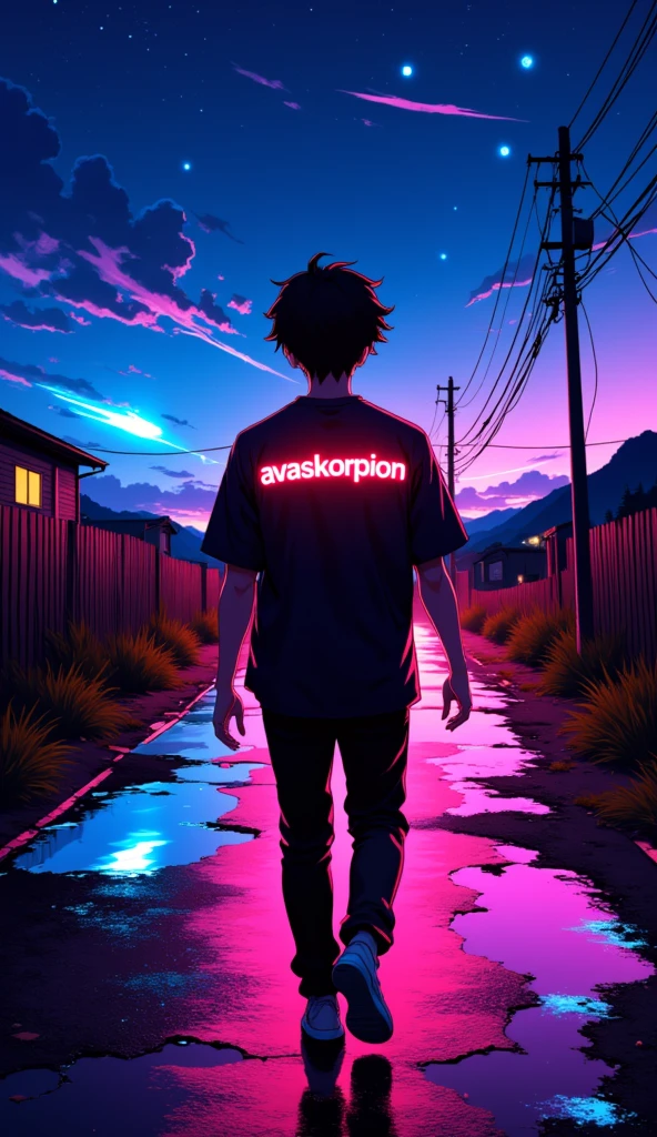 anime парень, road, fence, out of town  ,  Text on t-shirt  : AvasKorpion , neon, neonовый контур,, Night.anime, стиль anime,