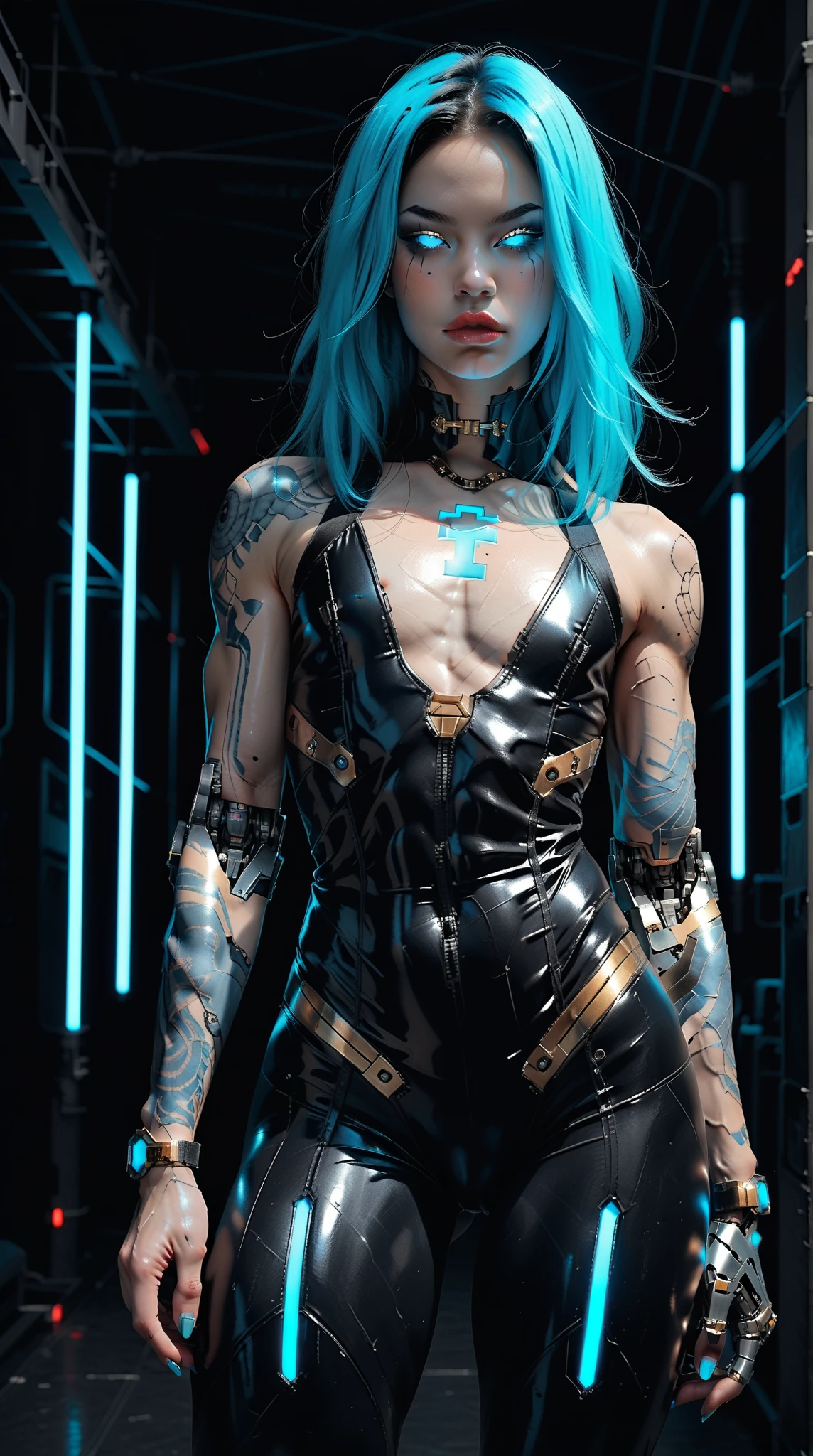 (nsfw:1), (Uncensored:1), score_9, score_8_up, score_7_up, (three quarters Shot), (1 girl), (asian), beautiful teenage (skinny) muscular goth cyborg girl, (full Cybernetic bodysuit:1.5), (black sclera:1.5), (blue glowing eyes:1.5), (blue glowing body veins:1.5), (flat chest:1.25), (blue glowing hair:1.25), (beautiful face:1.25), (bodybuilder femboy physique:1.25), (skinny long legs:0.75), (intricate gold filigree:1.25), bimbo lips, cowboy shot, cybernetic, mechanoid body parts, exposed cables and circuits, neon lights, gothic neon style, cyber punk style, super realistic image, beautiful digital paint , hyper Realistic illustrations, ImgFixerPre0.3