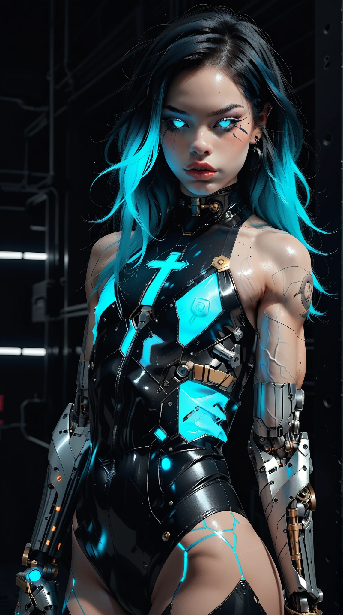 (nsfw:1), (Uncensored:1), score_9, score_8_up, score_7_up, (three quarters Shot), (1 girl), (asian), beautiful teenage (skinny) muscular goth cyborg girl, (full Cybernetic bodysuit:1.5), (black sclera:1.5), (blue glowing eyes:1.5), (blue glowing body veins:1.5), (flat chest:1.25), (blue glowing hair:1.25), (beautiful face:1.25), (bodybuilder femboy physique:1.25), (skinny long legs:0.75), (intricate gold filigree:1.25), bimbo lips, cowboy shot, cybernetic, mechanoid body parts, exposed cables and circuits, neon lights, gothic neon style, cyber punk style, super realistic image, beautiful digital paint , hyper Realistic illustrations, ImgFixerPre0.3