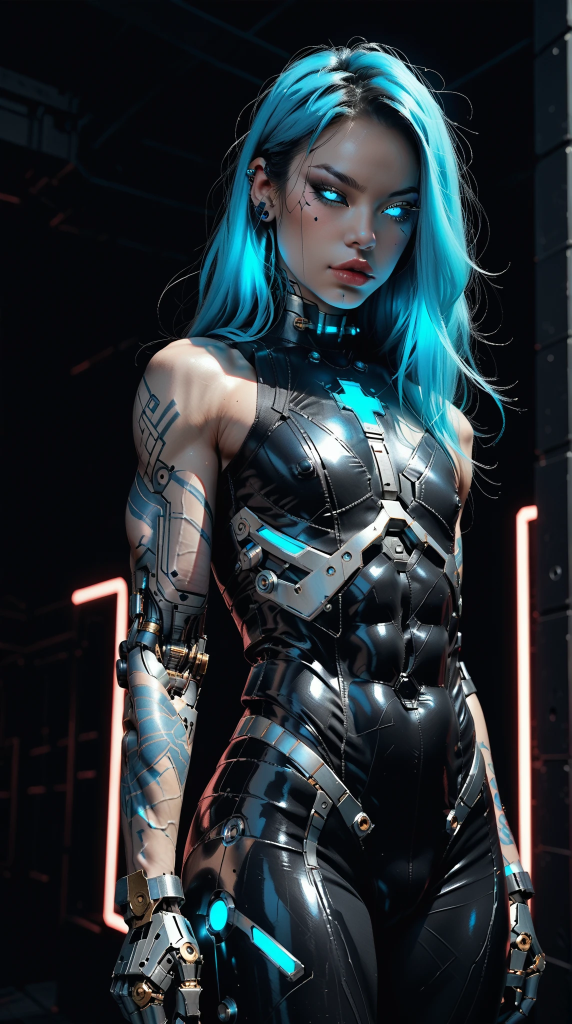 (nsfw:1), (Uncensored:1), score_9, score_8_up, score_7_up, (three quarters Shot), (1 girl), (asian), beautiful age (skinny) muscular goth cyborg girl, (full Cybernetic bodysuit:1.5), (black sclera:1.5), (blue glowing eyes:1.5), (blue glowing body veins:1.5), (flat chest:1.25), (blue glowing hair:1.25), (beautiful face:1.25), (bodybuilder femboy physique:1.25), (skinny long legs:0.75), (intricate gold filigree:1.25), bimbo lips, cowboy shot, cybernetic, mechanoid body parts, exposed cables and circuits, neon lights, gothic neon style, cyber punk style, super realistic image, beautiful digital paint , hyper Realistic illustrations, ImgFixerPre0.3