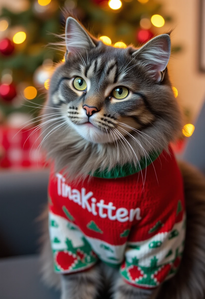 The image is a high-resolution photograph of TinaKitten, wearing a Christmas themed sweater with the words "TinaKitten" knitted in to it. Homely Christmas background. 