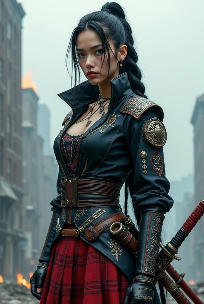 Canonized warrior woman with a crucifix next to her chest Immaculate saint dressed as a soldier around her head a crown of light looking at the heavens short dark hair realistic