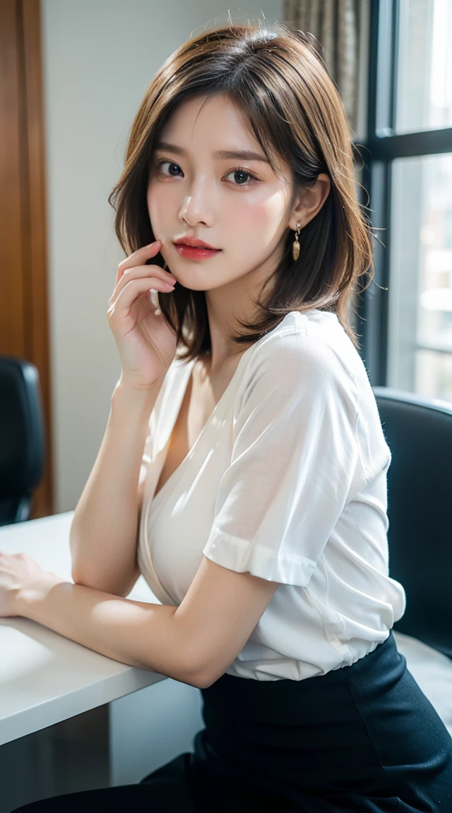 masterpiece,Highest quality,One girl,Very detailed,Improves skin quality,Ultra-high resolution,Very delicate,super high quality,Detailed face,Beautiful Eyes,(short hair:1.3),Beautiful Nose,(Thin collared shirt:1.5),Exposed cleavage,(looking at the camera),((Dark Office Background)),Detailed lighting,Shining Model,Emphasize the chest,Shiny skin,Beautiful shadows,smile,Earrings,necklace,Sit at a desk