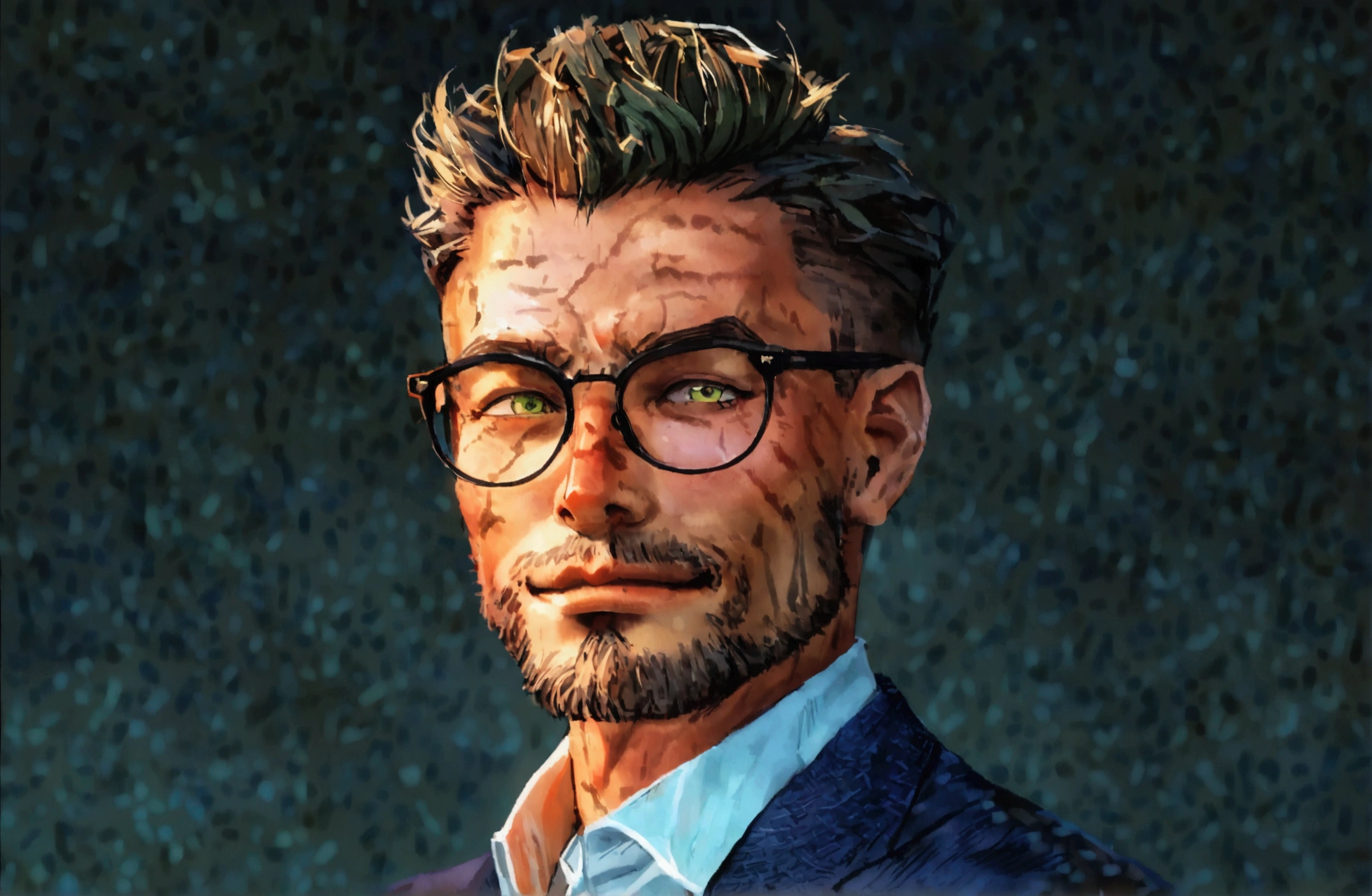 charlzcjm, headshot, (jacked charlzcjm, bright hazel green eyes), (low fade haircut:1.14), (sunburned skin, 5 o'clock shadow) ((smirking, buff)), detailed face, detailed iris, full lips, ((cute, wearing a modern luxury dark navy blue suit, pocket handkerchief, buff, low fade haircut)), ((grey background, symmetrical facial features)), intricate details, studio lighting, 80mm, portrait, shallow depth of field, CEO, smirking, happy