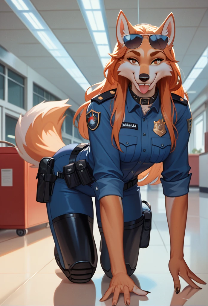  Accurate, Long Hair, Breasts, Wolf Ears, Tongue, Smile, Sunglasses, dark armoured tactical police anthro uniform, dark leather collar with a badge, sniffling luggage, airport terminal, walking on all fours,Smile, chain collar, leash 