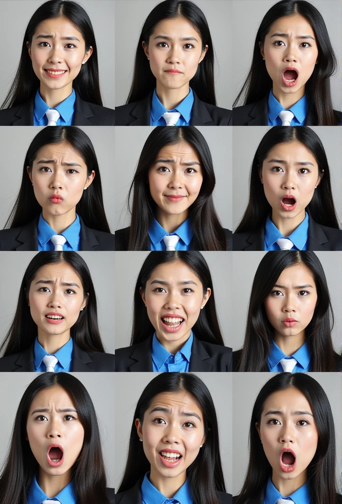 mymy, masterpiece,best quality,ultra detailed,detailed face,left three-quarter view,grey background,close-up,female focus,face expression sheet,same person,9 face expressions,grid,facing viewer,looking at viewer,bright smile, big laughing,crying,tired,sly smirk,shy,grumpy,surprised,terrified,white necktie,bright blue collared shirt,black suit,best quality,masterpiece,highly detailed,super detailed,8k,