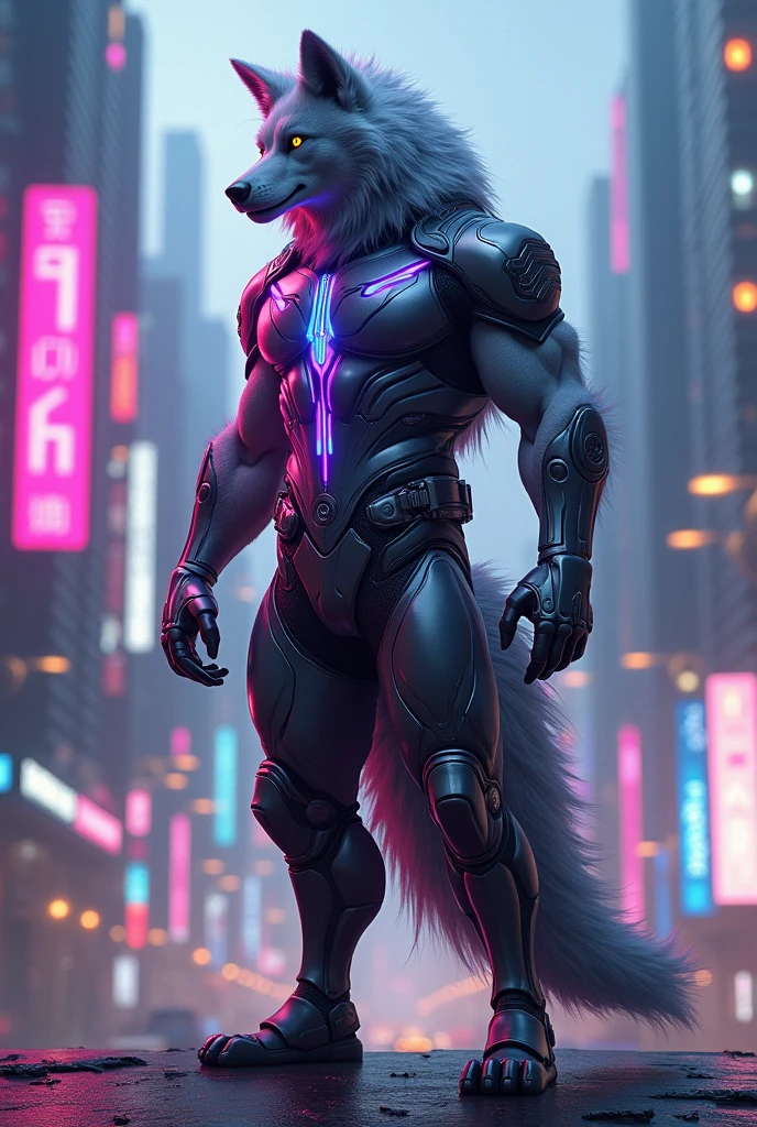 personaje de anime con ojos azules y una cola peluda caminando en una ciudad, an anthropomorphic cyberpunk fox, muscular! cyberpunk, Wolf O'Donnell, en Cyberpunk City, NSFW. Hombre desnudo y con el pene erecto. Personaje peludo, furry fantasy art, Arte peludo!!!, POV arte furry, furry fursona, Gato cyberpunk, Arte digital furry, Retrato de personaje peludo