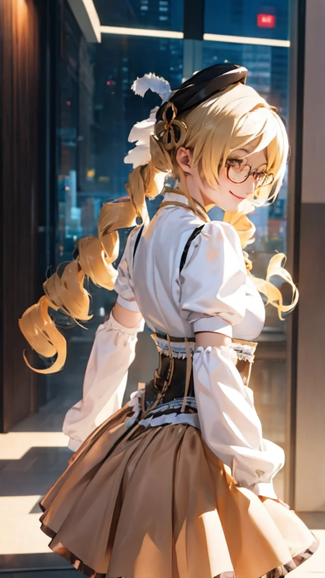  woman with glasses showing her butt、Skinny body、See-through underwear、Tomoe Mami wearing glasses 、 long hair、 office、night、 is shy、smile、（blue: transparent maid outfit with skirt、micro length skirt ）、Maid clothes with skirt that can be seen through the butt 