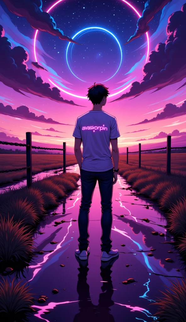 anime парень, road, fence, out of town  ,  Text on t-shirt  : AvasKorpion , neon, neonовый контур,, Night.anime, стиль anime, 2d