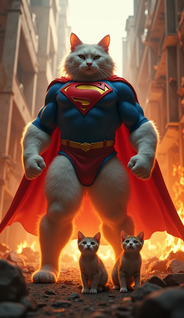 Heroic White Cat Defeating Black Villain:
Description: The white bodybuilder cat, in his red shirt and white pants, stands victorious over the defeated black villain catin Dark Devil Dress with Magic Cap.The villain lies on the ground, while the hero stands tall, triumphant. The dramatic lighting and intense backdrop capture the climax of their battle..