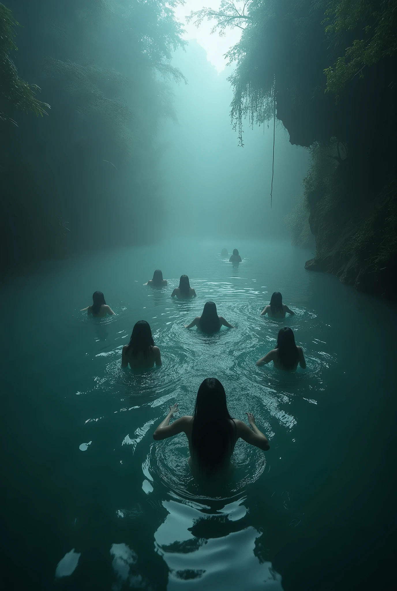 a large blood-red color lake in the dark cave, with many totally bare blonde women in it submerged in the water. they are in prayer position sticking their butts out of the water and holding golden tridents with their arms that raised upwards