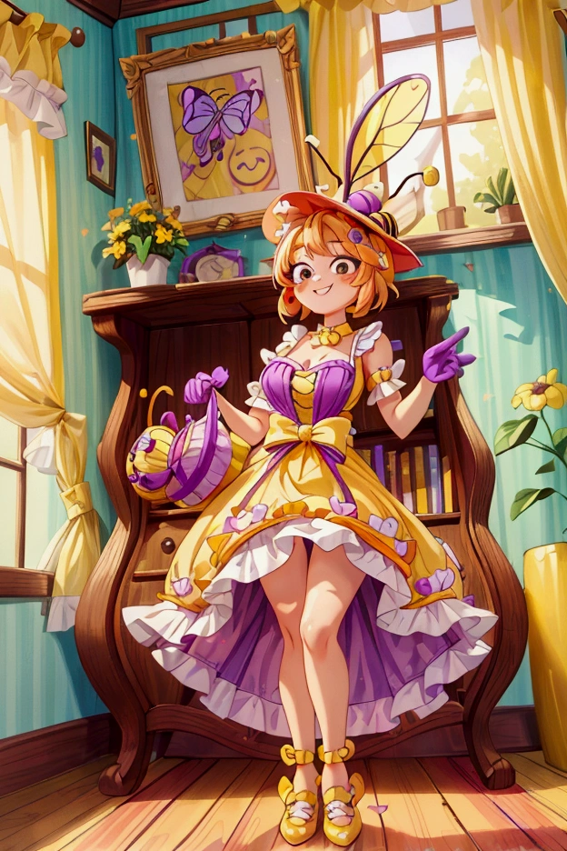 (masterpiece, best quality) standing, indoor, intricate detail, sunlight, yellow and purple frilly dress, purple and yellow shoes, orange hair, cute bee hat, brown dark eyes, smiley face, sexy pose, coquette, gorgeous legs, mature teenager body, lovely, gorgeous body, pronounced breasts