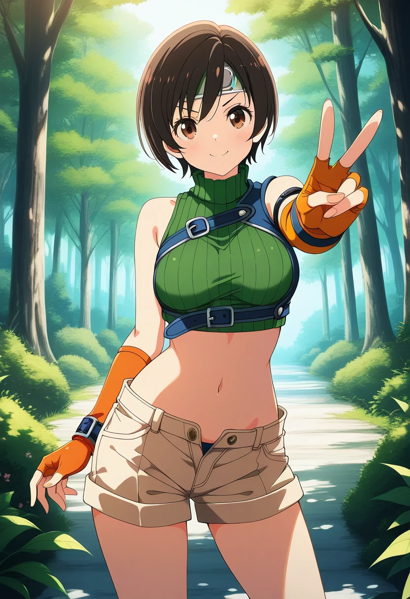 masterpiece, best quality, highres,
AnzuDef, 1girl, solo, breasts, looking at viewer, smile, blue eyes, brown hair, hair ornament, high ponytail, large breasts, huge breasts, 
shirt, skirt, thighhighs, bare shoulders, jewelry, ponytail, pleated skirt, sleeveless, belt, miniskirt, necklace, bracelet, zettai ryouiki, sleeveless shirt, turtleneck, scrunchie, pink skirt, yellow shirt, sleeveless turtleneck, yu-gi-oh!,
cowboy shot, leaning forward, looking at viewer, outdoors, grass, field, forest, sunlight, cloudy, laughing, arms behind head, armpits, arms up,