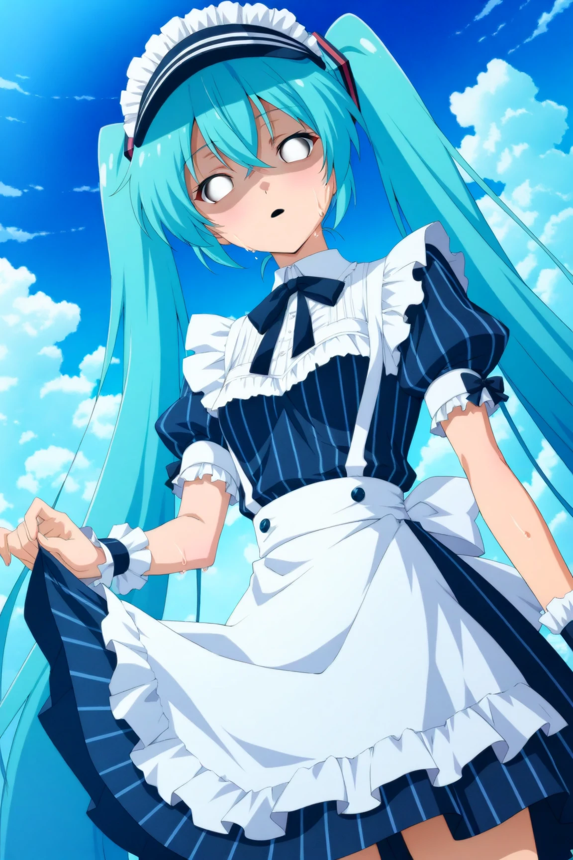 1 Girl,Hatsune Miku,Aqua Eye,Aqua Hair,Crossed bangs,Hair between the eyes,Long Hair,Twin tails,Blue Striped Dress,Waist Apron Visor Cap,Wrist cuff,(Sweating),(White Eyes),((Hollow Eyes)),(Expressionless),(Open lips),looking at viewer,Standing,(Face Focus),(Sky Background),(Depth of written boundary),(Dutch Angle),(dark),Shadowed face,Puff sleeves,(highest quality:1.2,Anime artwork,Anime Style,Studio Anime,Very detailed,masterpiece:1.2)