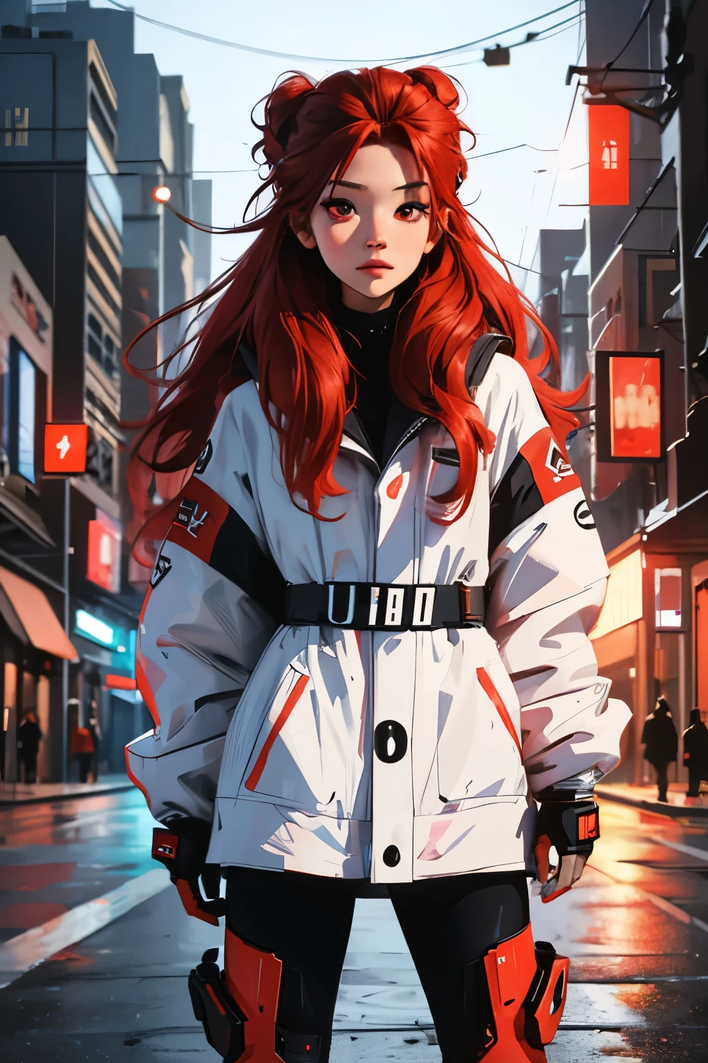 Anime girl with red hair and a white jacket standing on a city street ...