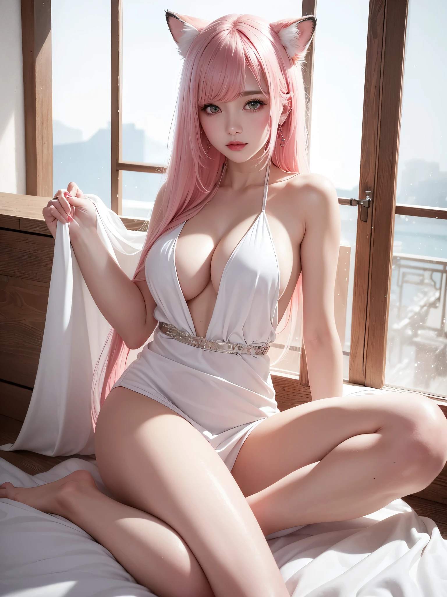 Girl, sexy, wet white silk wedding dress, pink long hair, pink long hair, curly hair, curly hair, smooth long hair, shiny hair, delicate face, delicate lips, delicate eyes, blue pupils, delicate nose, necklace, earrings, hairpins, correct body structure, correct hand structure, half kneeling, sea of flowers, color contrast, Tyndall effect, vista, full body,