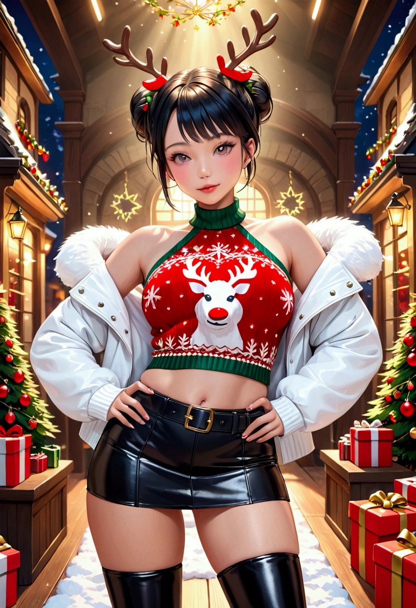 A cute woman, 20 years old, hair up in a fancy style, wearing a leather miniskirt with light up reindeer on the hips, a fluffy white halter top Christmas decorated sweater, and hard leather boots with light up Christmas designs, sassy diva poses, magazine cover, detailed facial features, ultra detailed, 8k, photorealistic, cinematic lighting, vibrant colors, fantasy, digital art
