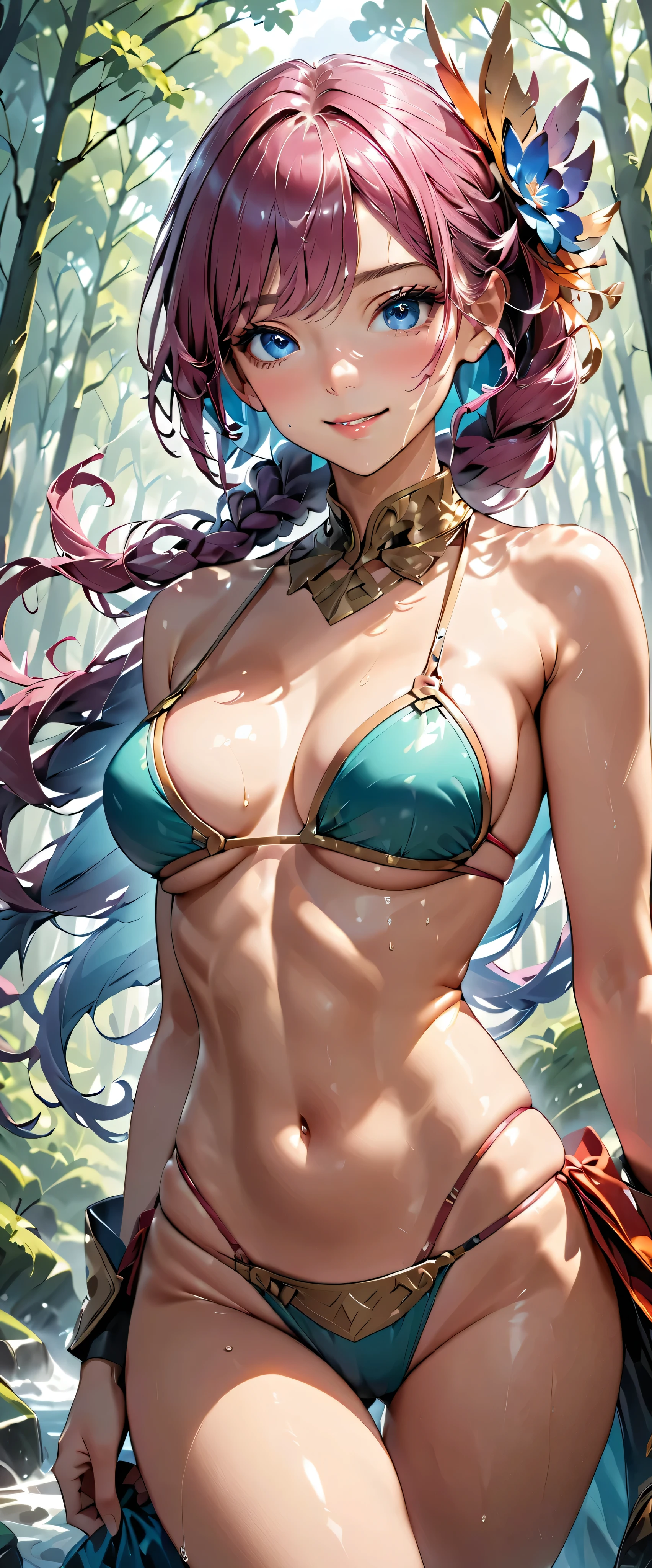 (Shiroshitamachi)( for a woman with bristles:1.2,  very detailed, up to date,  vibrant ,  super high resolution,  High Contrast , masterpiece:1.2,  for a woman with bristles,  best aesthetics)(()), sexy, (revealing bikini armor),  skinny,  beautiful thighs are visible , Best Body Line,  beautiful detailed eyes from outside the train, A professional and confident smile,  detailed facial features ,  elegant hairstyle,Bonds of Love, Adorable,()Wet with water,( fantasy standing in a church)((Shiroshitamachi)) small tits