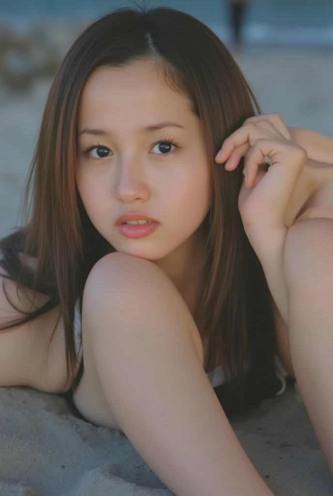 (8K、Raw photography、top-quality、masuter piece:1.2)、ultra-detailliert、ultra res、(realisitic、realisitic:1.37),sand beach、girls playing beach volley 、a japanese girl、18歳のa japanese girl、Skinny Girl、Very young girl、naked girl、A smile、grin、stares at the camera、I don't wear clothes、NSFW Photos、Sexual Photography、  Nude gravure