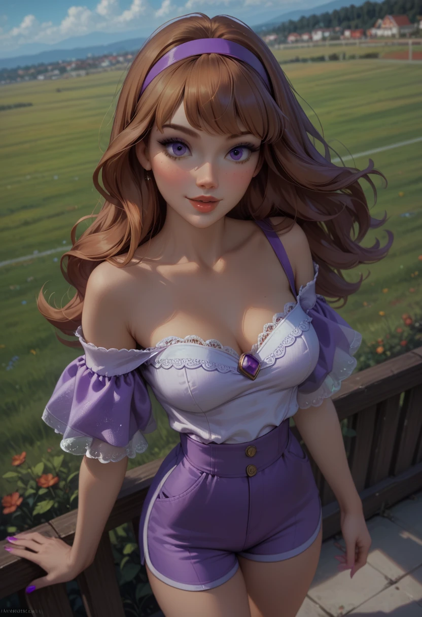 score_9, score_8_up, score_7_up, 1girl, solo, beautiful waifu, thicc, (Daphne Blake:1.2), wearing (dusty purple shorts, high waist shorts, tight shorts:1.1), (white blouse, off shoulder blouse:1.2), detailed eyes, detailed face, flirt, (sexy pose:1.2), standing on Santa Monica Pier, lowlight, early evening, shallow depth of field, (high angle, shot from above:1.3).