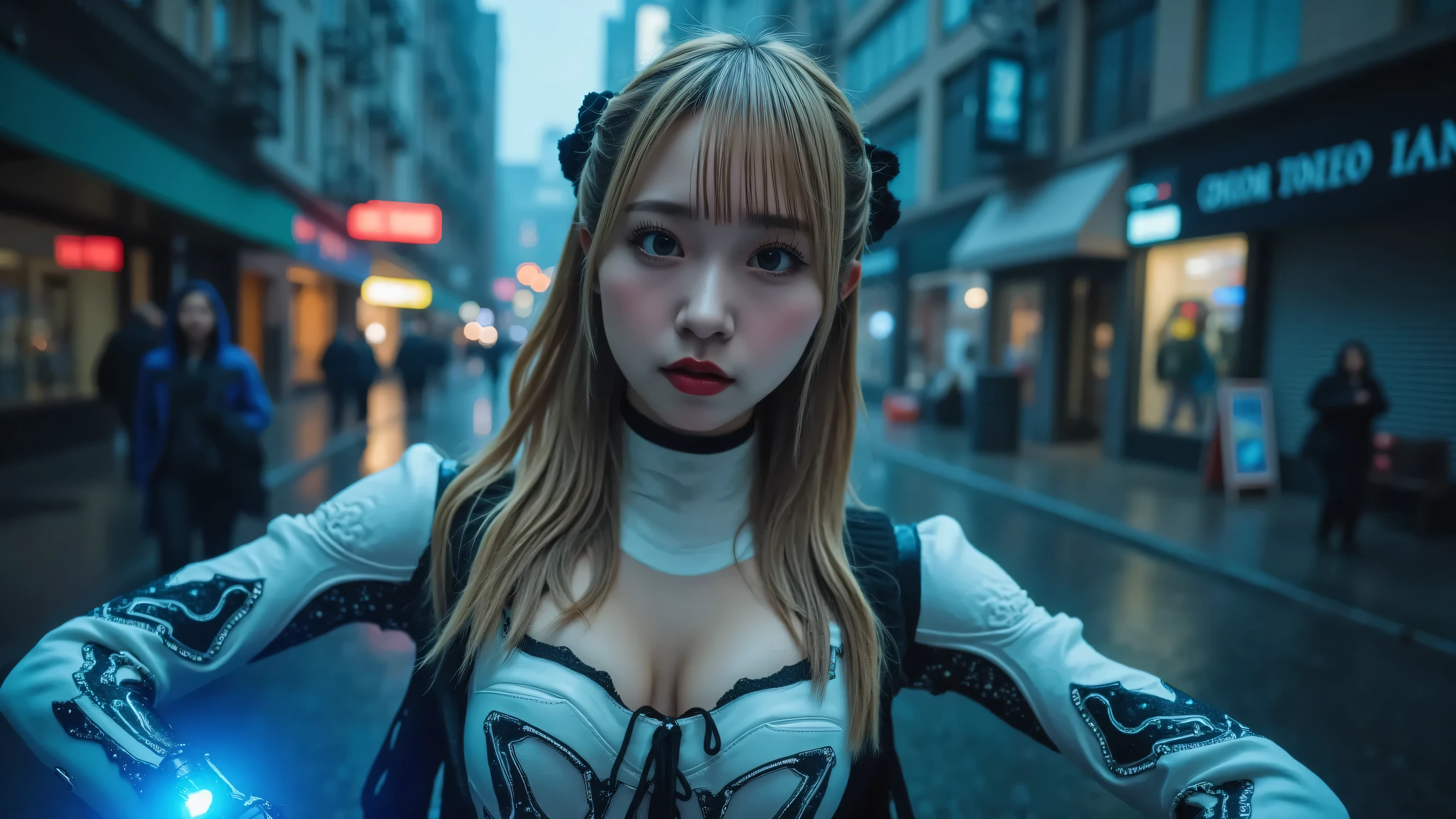 Woman covered in complex white cybernetics, Blue LED light, Combat Uniform,  clevis, high tech,  ultra high def , 32K, ( bikini cyborg robot parts), (  Details:1.4),  cyberpunk city background , Rainy Street,  beautiful face,  long golden hair,   Professional Lighting ,   masterpiece on penis ,  very delicate and beautiful,  professional photos