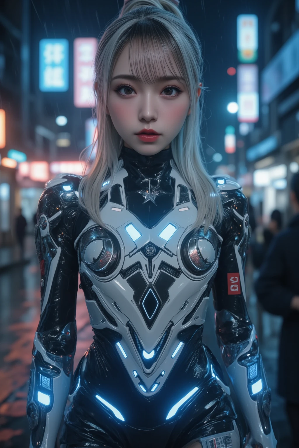 Woman covered in complex white cybernetics, Blue LED light, Combat Uniform,  clevis, high tech,  ultra high def , 32K, ( bikini cyborg robot parts), (  Details:1.4),  cyberpunk city background , Rainy Street,  beautiful face,  long golden hair,   Professional Lighting ,   masterpiece on penis ,  very delicate and beautiful,  professional photos