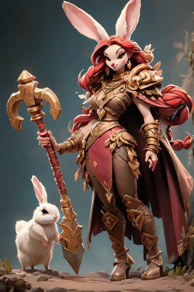 female rabbit, Anthropomorphic, short stature, very long red hair, braids, wide hips, long flowing dress, chains, jewelery, long cloak, shoulder armor, large axe, tall boots, full body shot, jumping